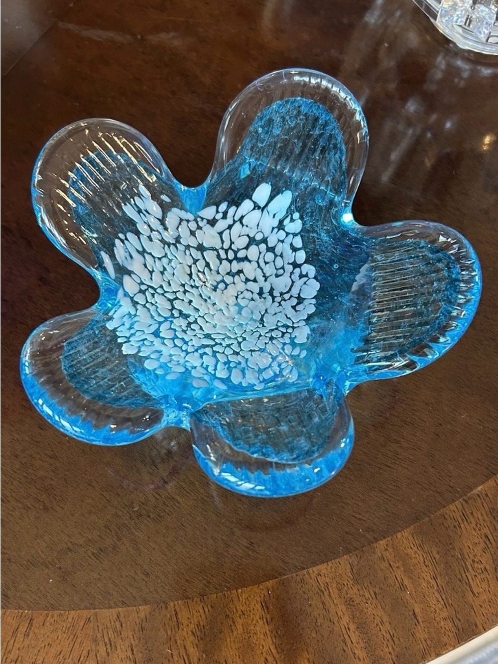 Crate & Barrel Handblown Aqua Blue Glass Flower Bowl 5" x 5"